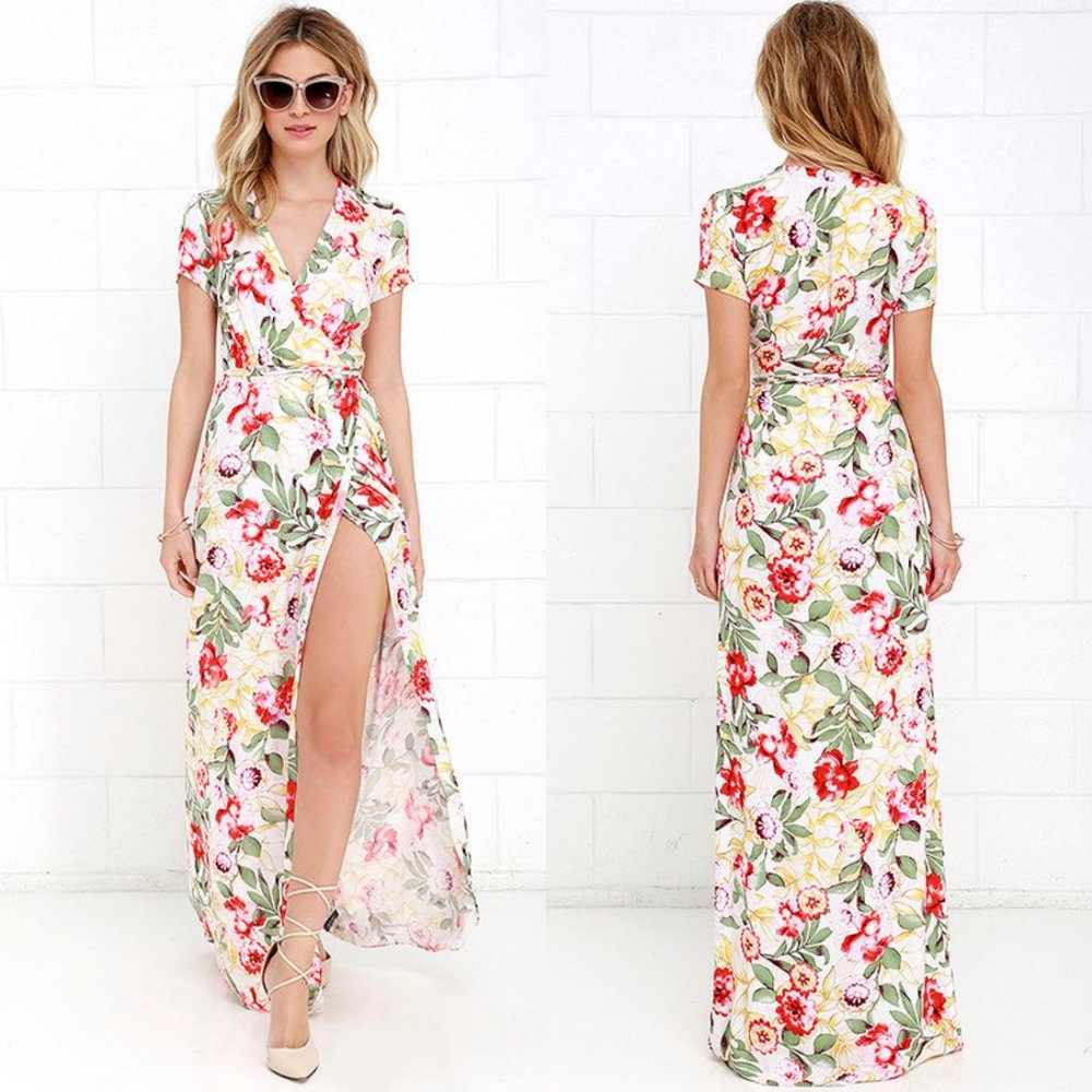 Lulu's Vine Art Ivory Floral Print Wrap Maxi Dress